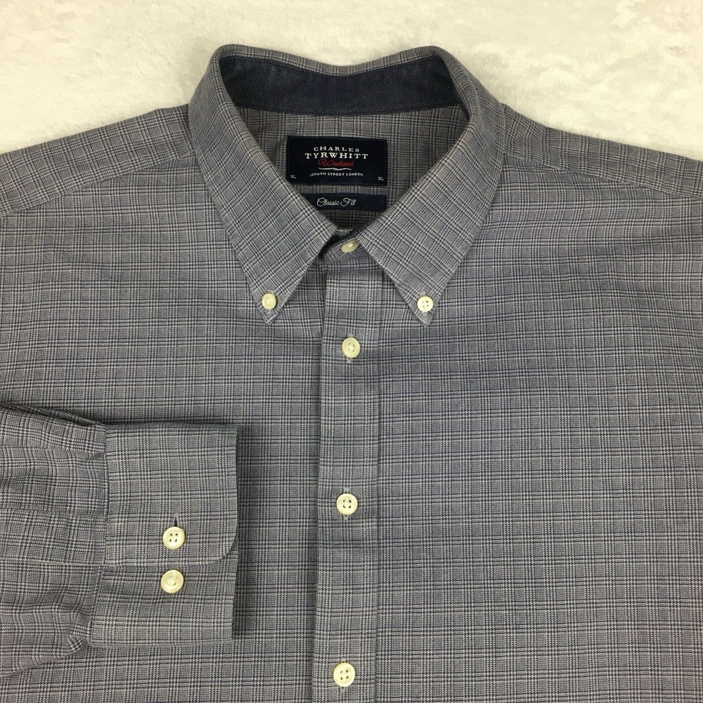 Charles Tyrwhitt Dress Shirt Mens XL Gray Plaid Classic Fit Heavier Weave
